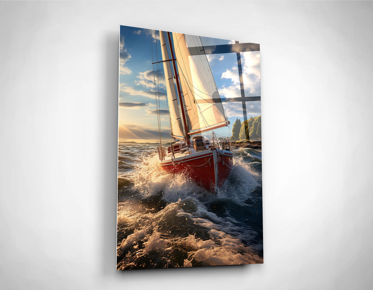 Red Sailboat Riding Golden Waves Glass Wall Art close-up