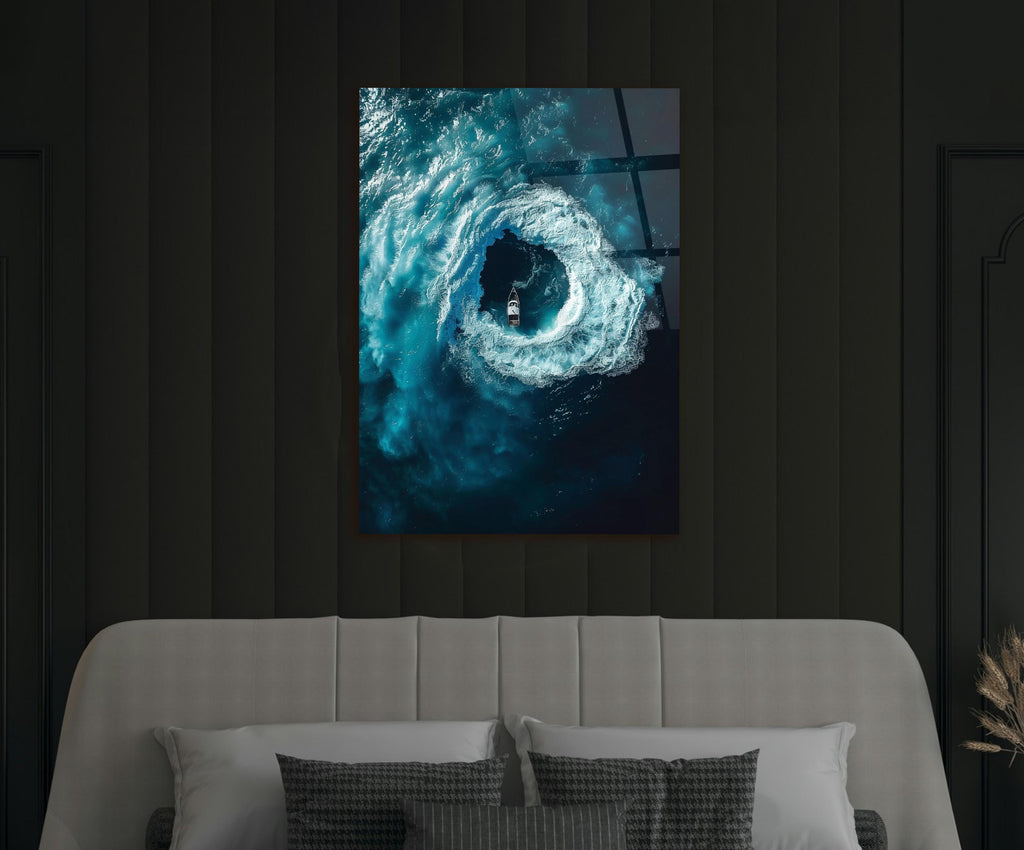 Ocean Whirlpool Boat Aerial Glass Wall Art in a modern interior