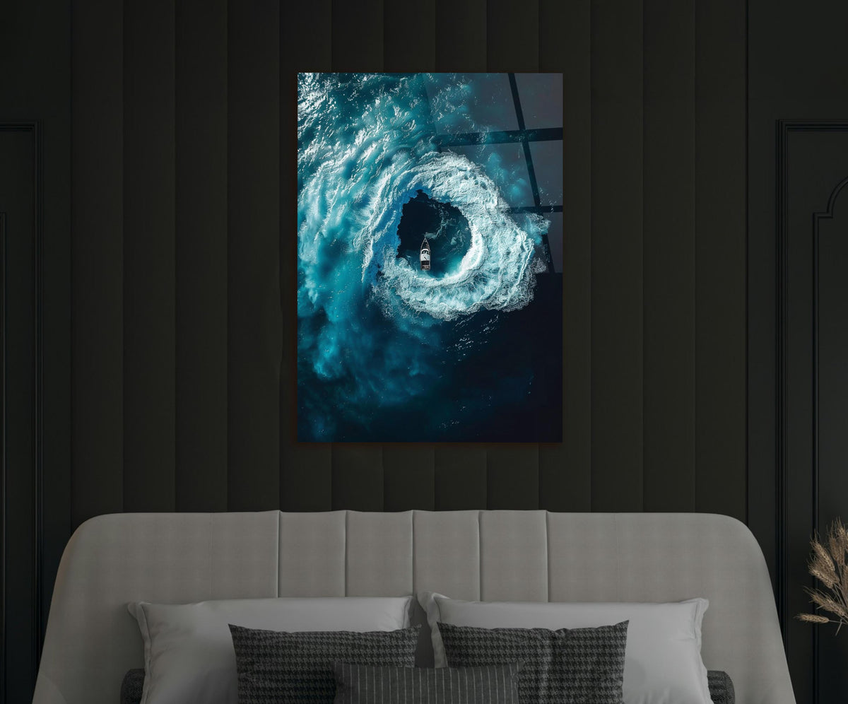 Ocean Whirlpool Boat Aerial Glass Wall Art in a modern interior