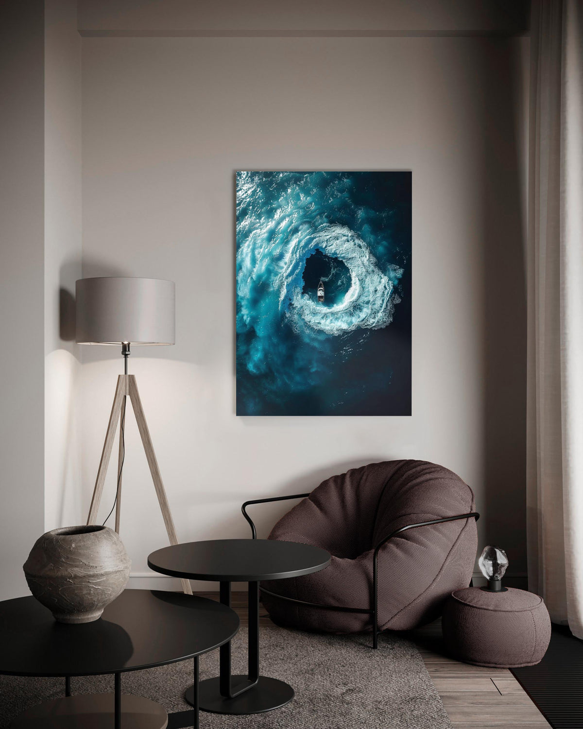 Ocean Whirlpool Boat Aerial Glass Wall Art on the wall