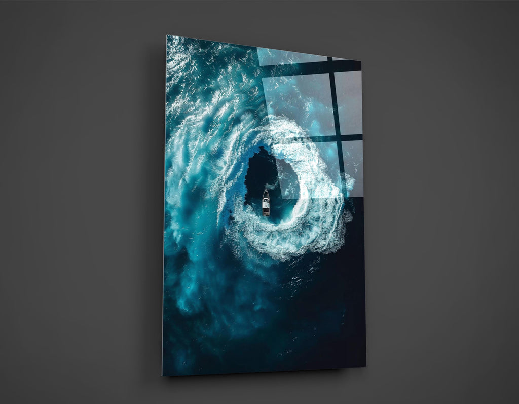 Ocean Whirlpool Boat Aerial Glass Wall Art close-up