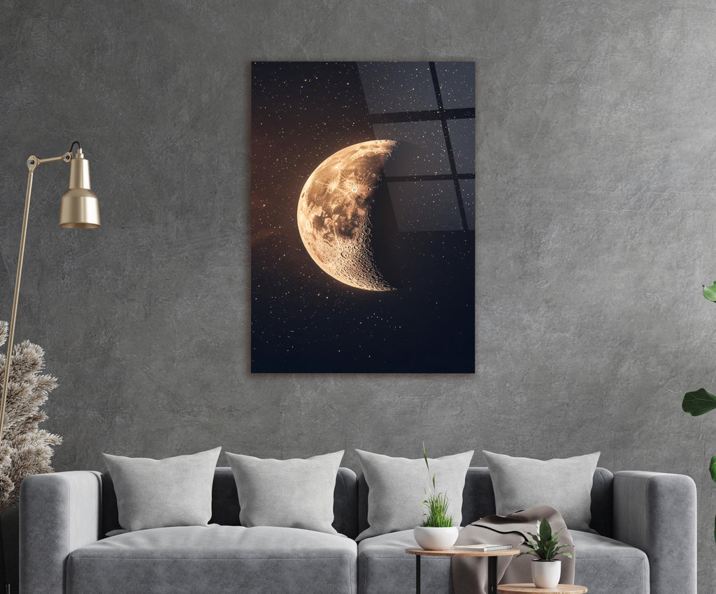 Golden Crescent Moon Starry Night Glass Wall Art in a living room interior