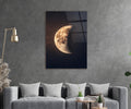 Golden Crescent Moon Starry Night Glass Wall Art in a living room interior