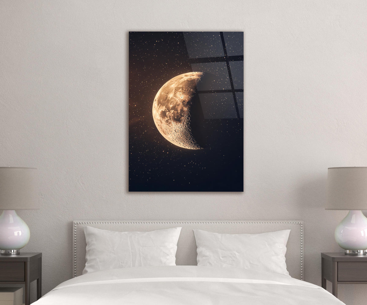Golden Crescent Moon Starry Night Glass Wall Art in a modern interior