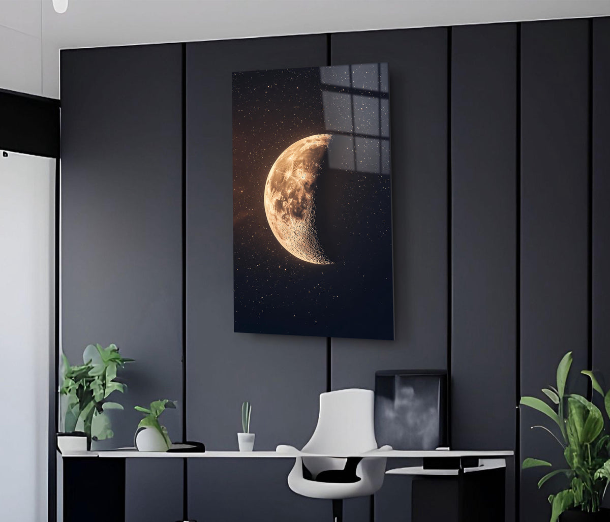 Golden Crescent Moon Starry Night Glass Wall Art on the wall