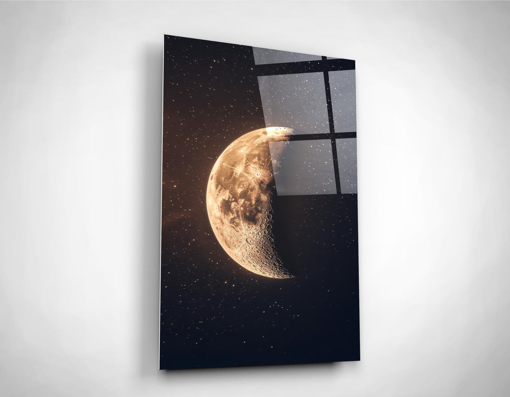 Golden Crescent Moon Starry Night Glass Wall Art close-up