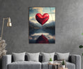 Red Heart Balloon Over Mountain Lake Glass Wall Art in a living room interior
