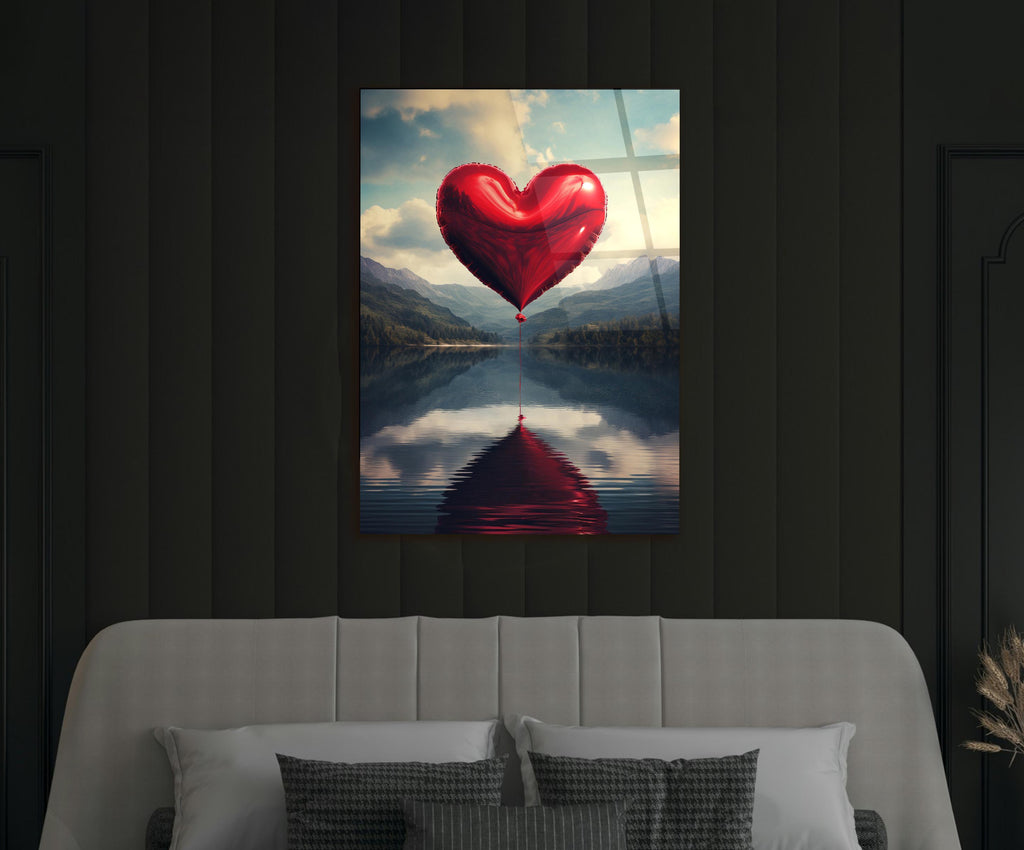 Red Heart Balloon Over Mountain Lake Glass Wall Art in a modern interior