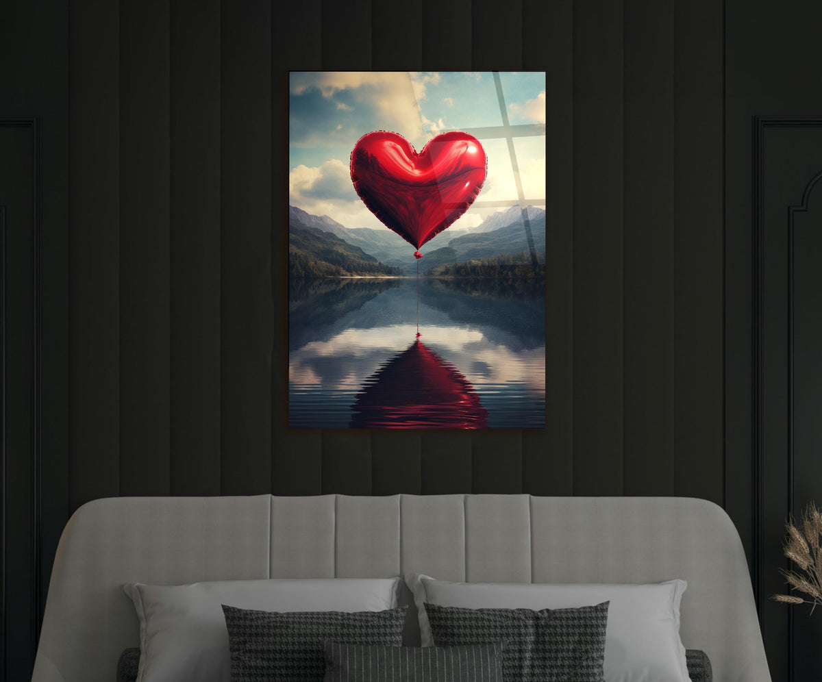 Red Heart Balloon Over Mountain Lake Glass Wall Art in a modern interior