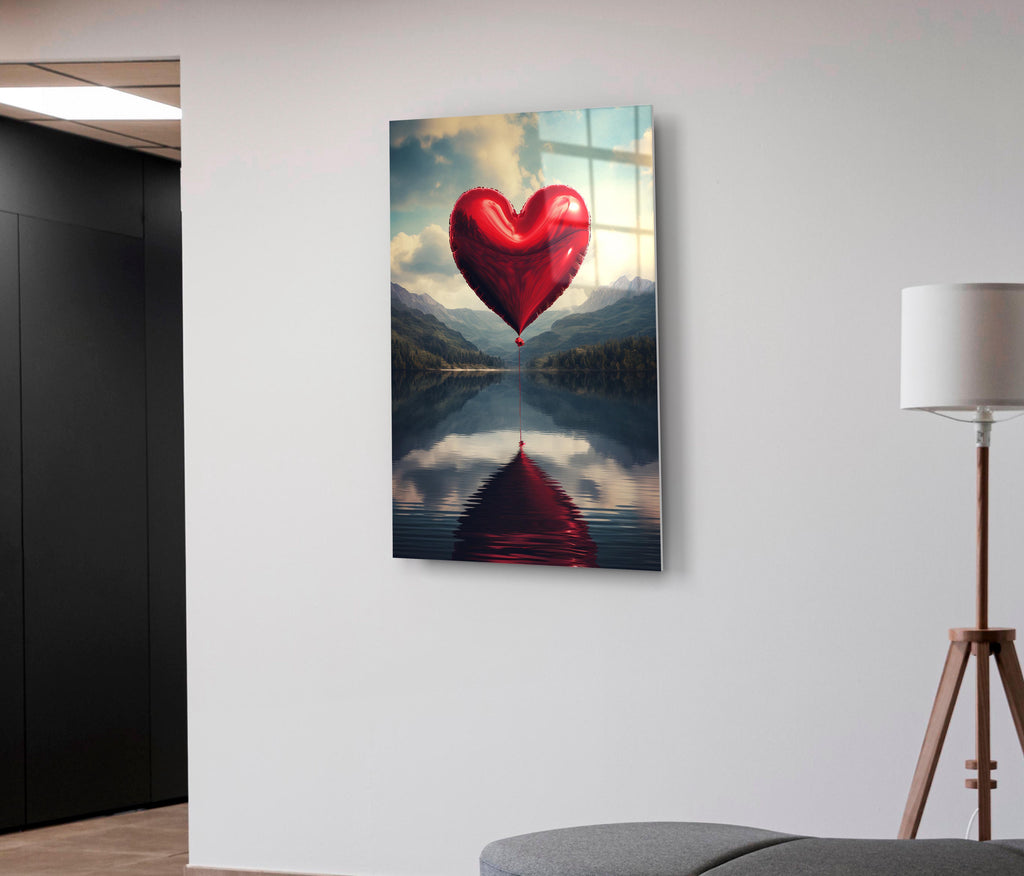 Red Heart Balloon Over Mountain Lake Glass Wall Art on the wall