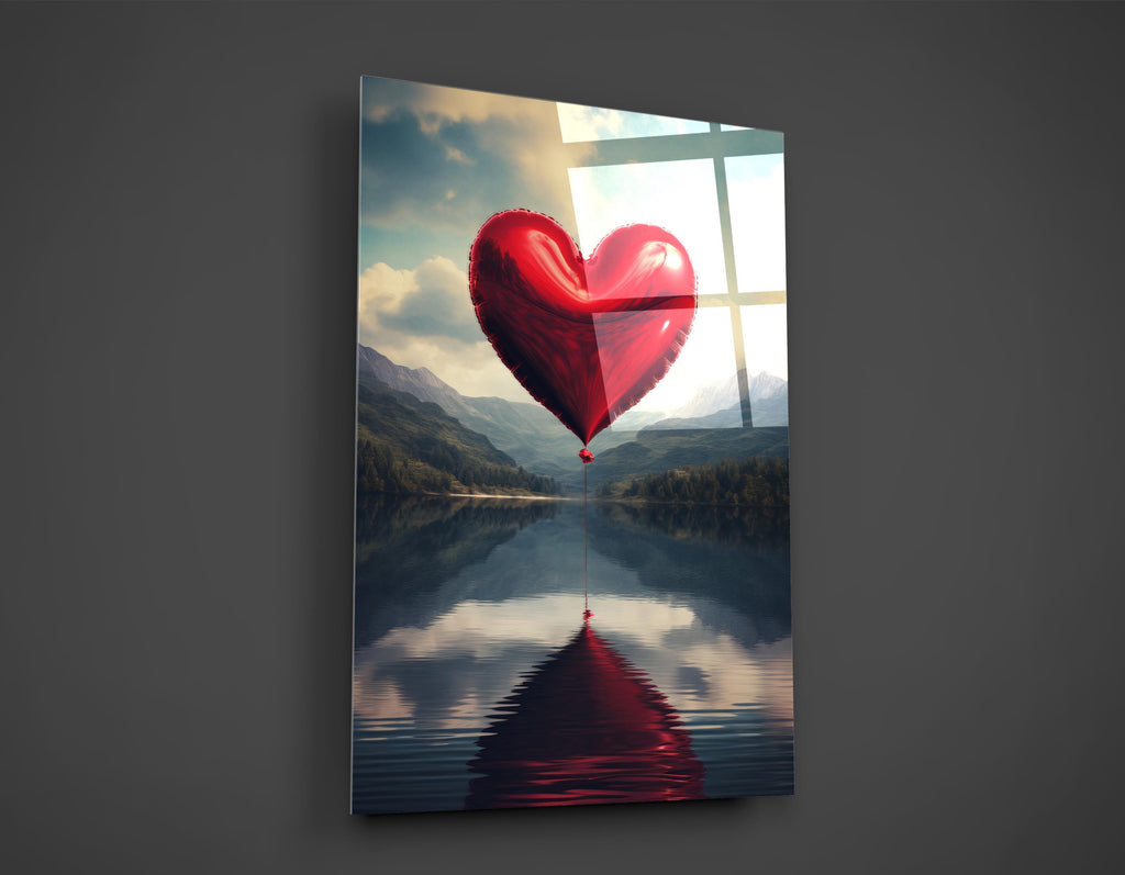 Red Heart Balloon Over Mountain Lake Glass Wall Art close-up