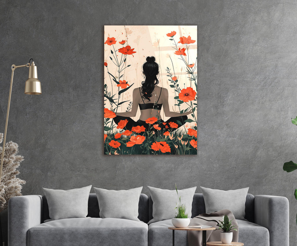 Woman Among Red Poppies Glass Wall Art in a living room interior