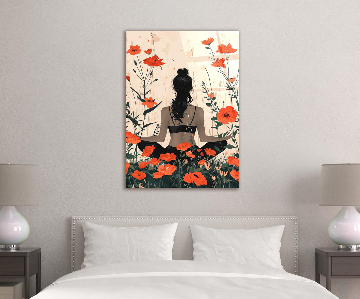 Woman Among Red Poppies Glass Wall Art in a modern interior