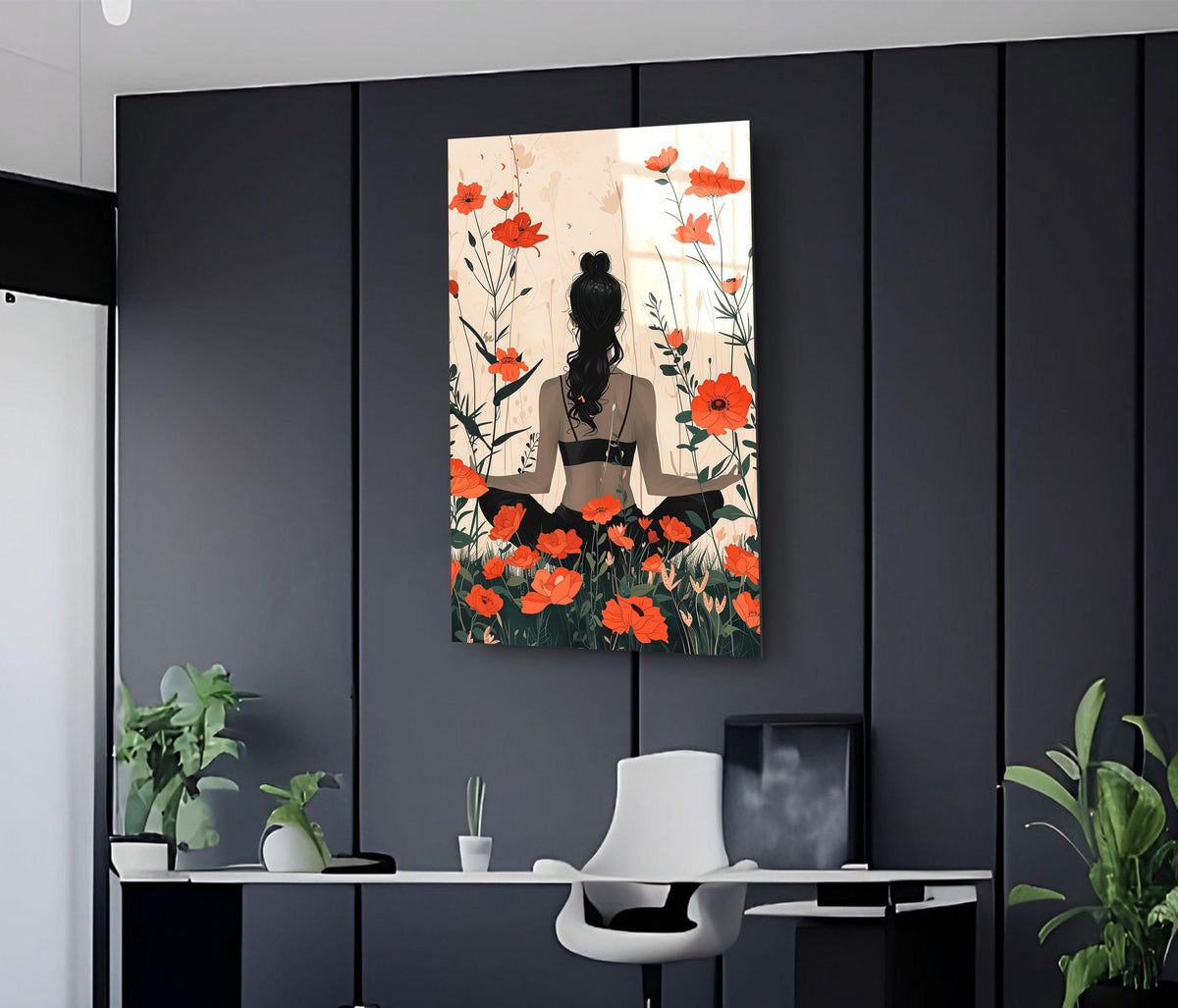 Woman Among Red Poppies Glass Wall Art on the wall