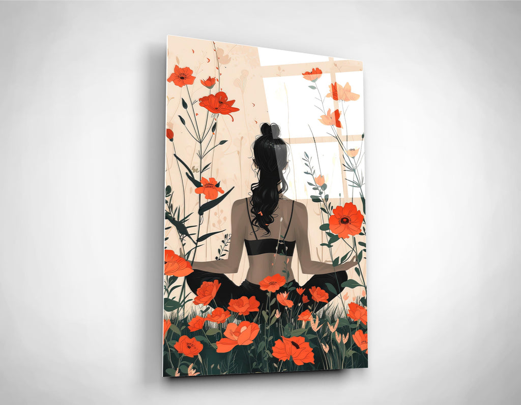 Woman Among Red Poppies Glass Wall Art close-up