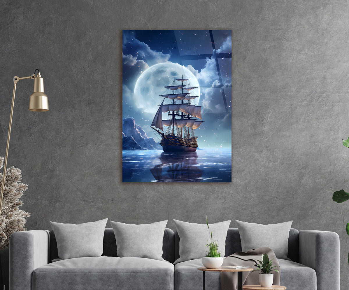 Tall Ship Under Full Moon Glass Wall Art in a living room interior