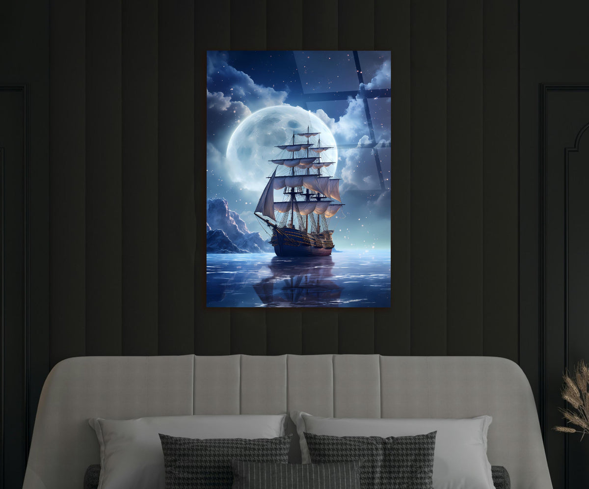 Tall Ship Under Full Moon Glass Wall Art in a modern interior