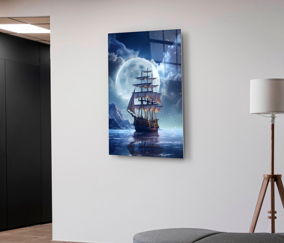 Tall Ship Under Full Moon Glass Wall Art on the wall