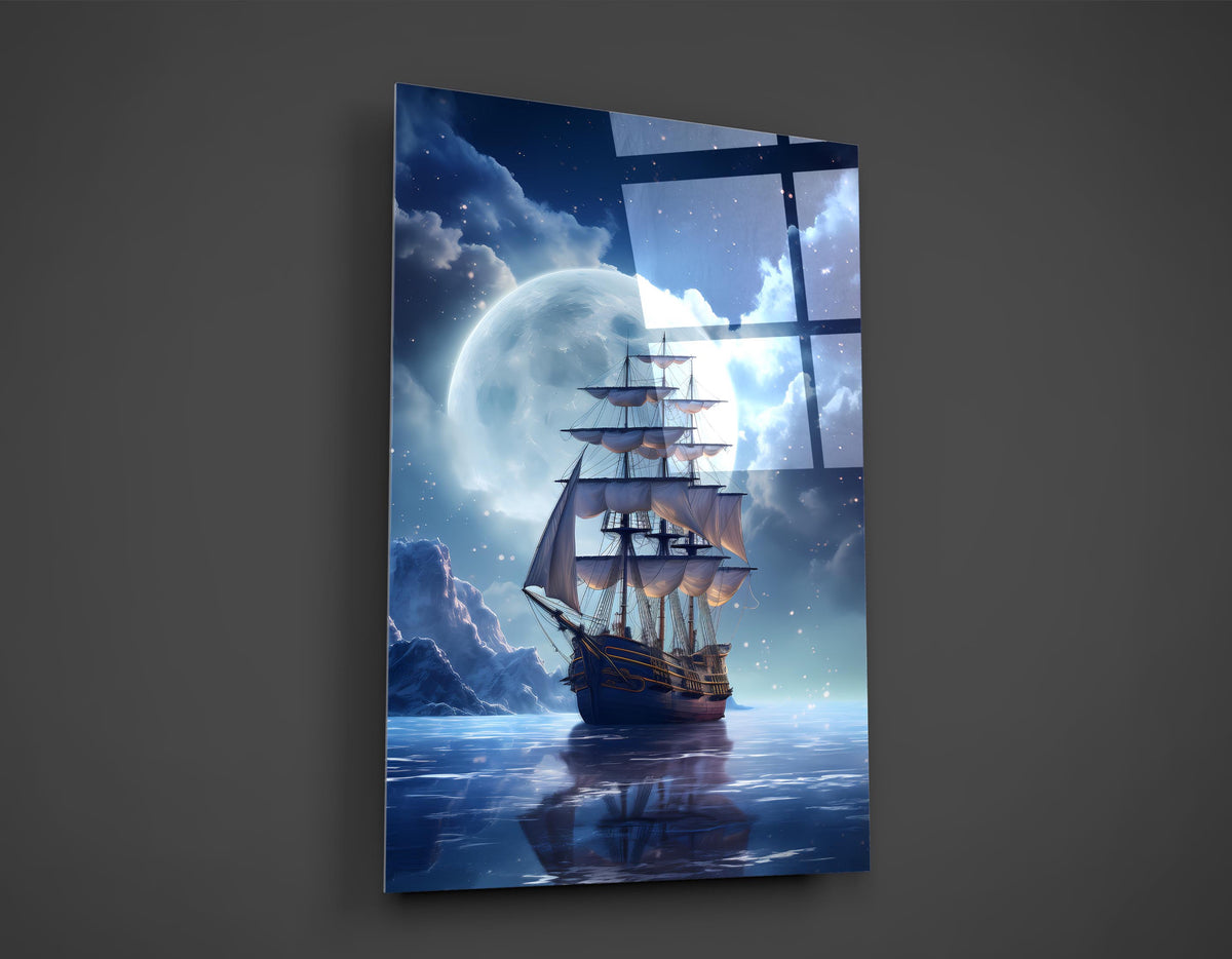 Tall Ship Under Full Moon Glass Wall Art close-up