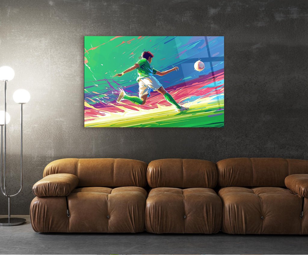Soccer Player Strike Glass Wall Art in a living room interior
