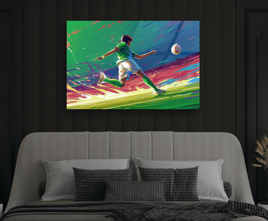 Soccer Player Strike Glass Wall Art in a modern interior
