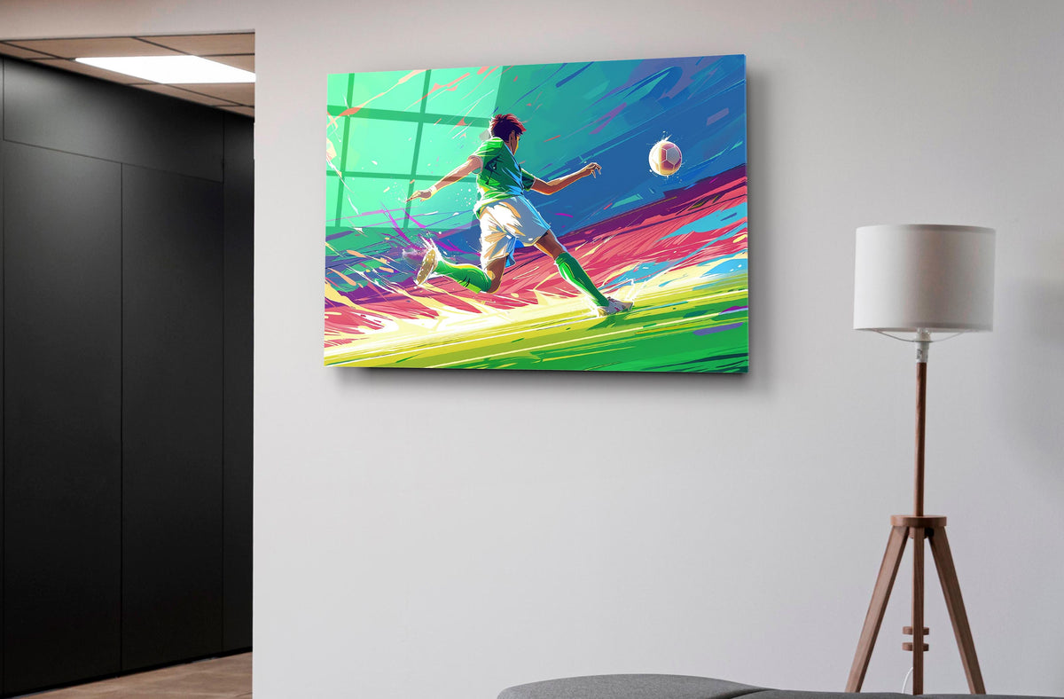 Soccer Player Strike Glass Wall Art on the wall