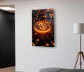 Orange Glowing Bitcoin Coin Glass Wall Art in a living room interior