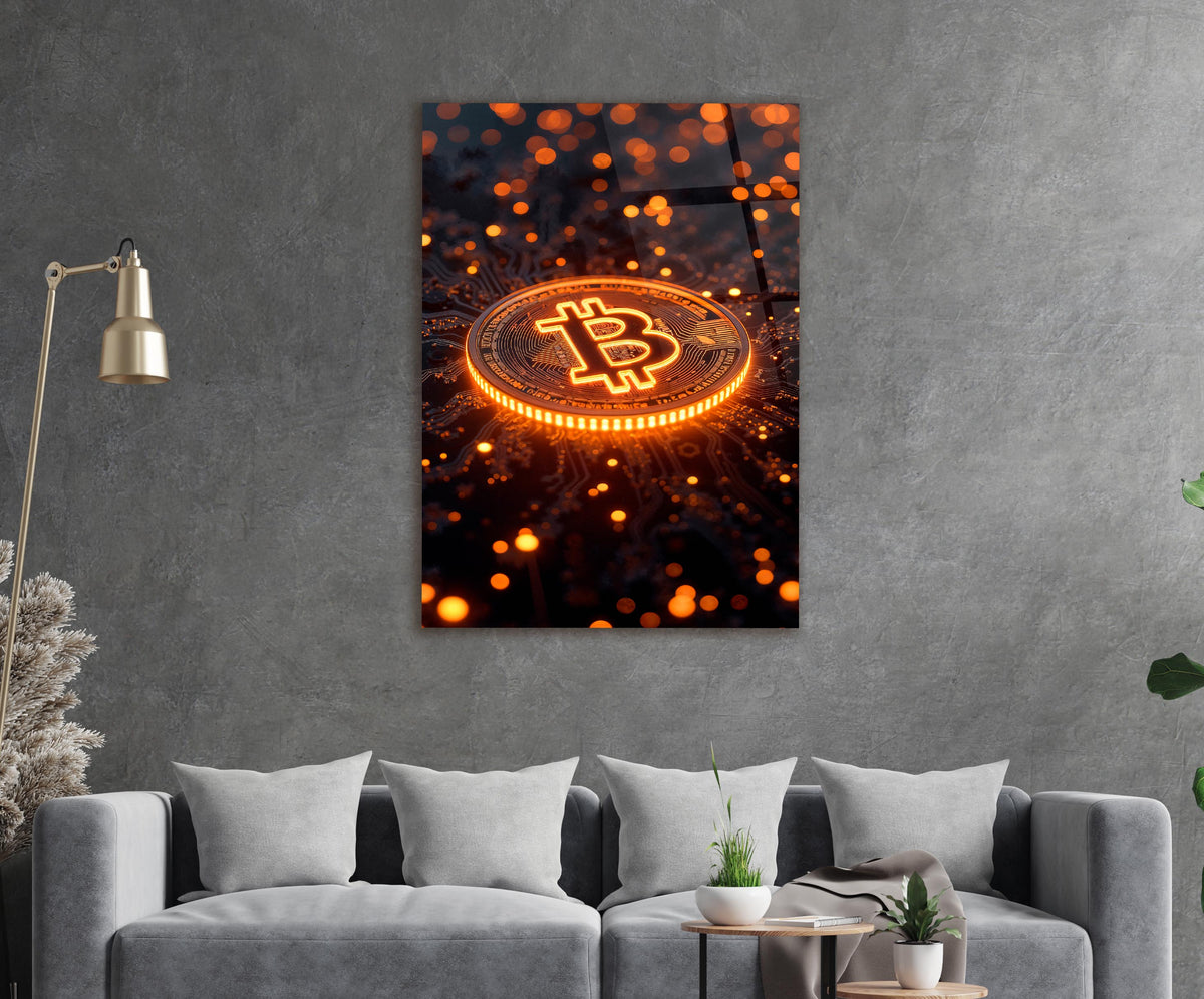 Orange Glowing Bitcoin Coin Glass Wall Art in a modern interior