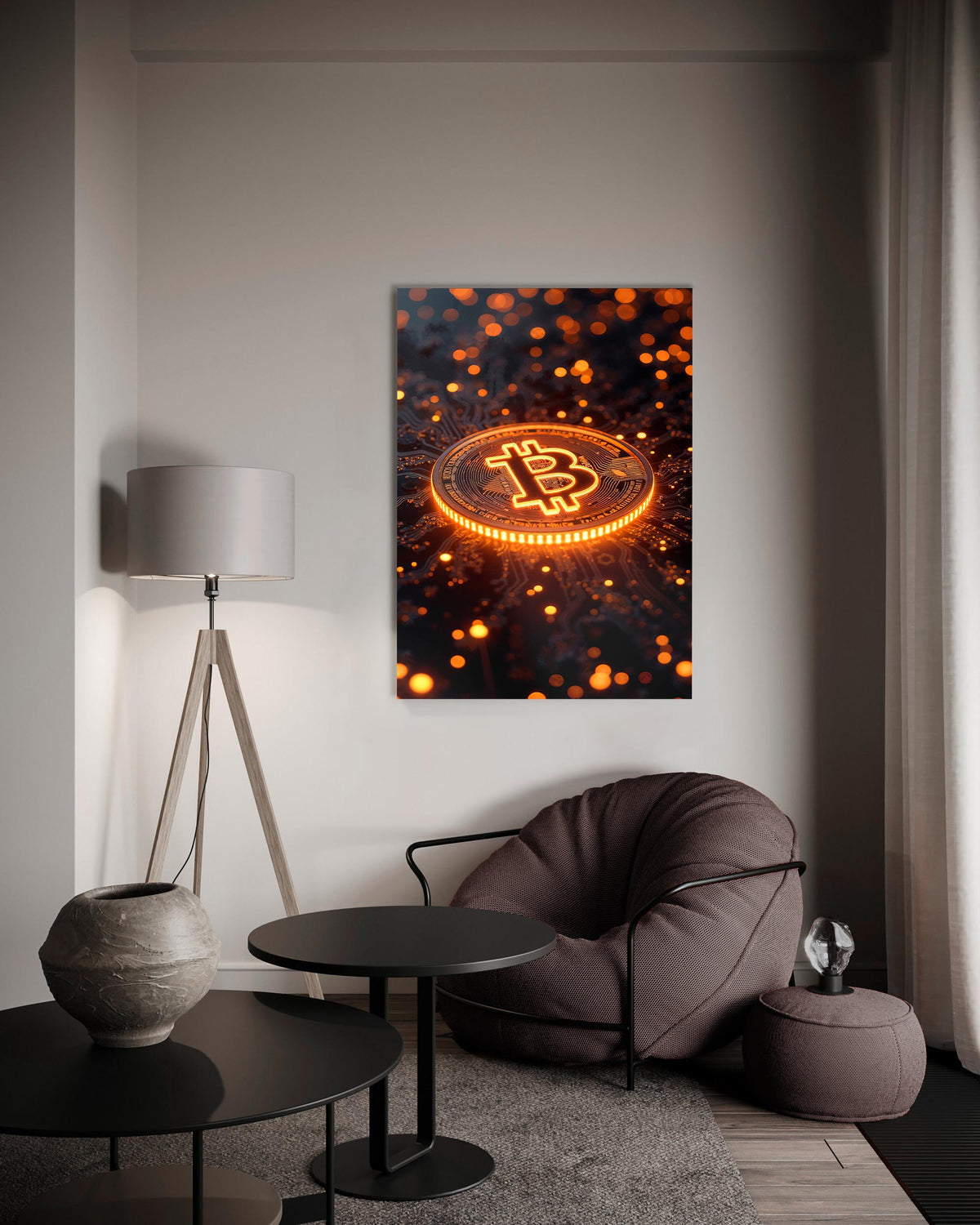 Orange Glowing Bitcoin Coin Glass Wall Art on the wall