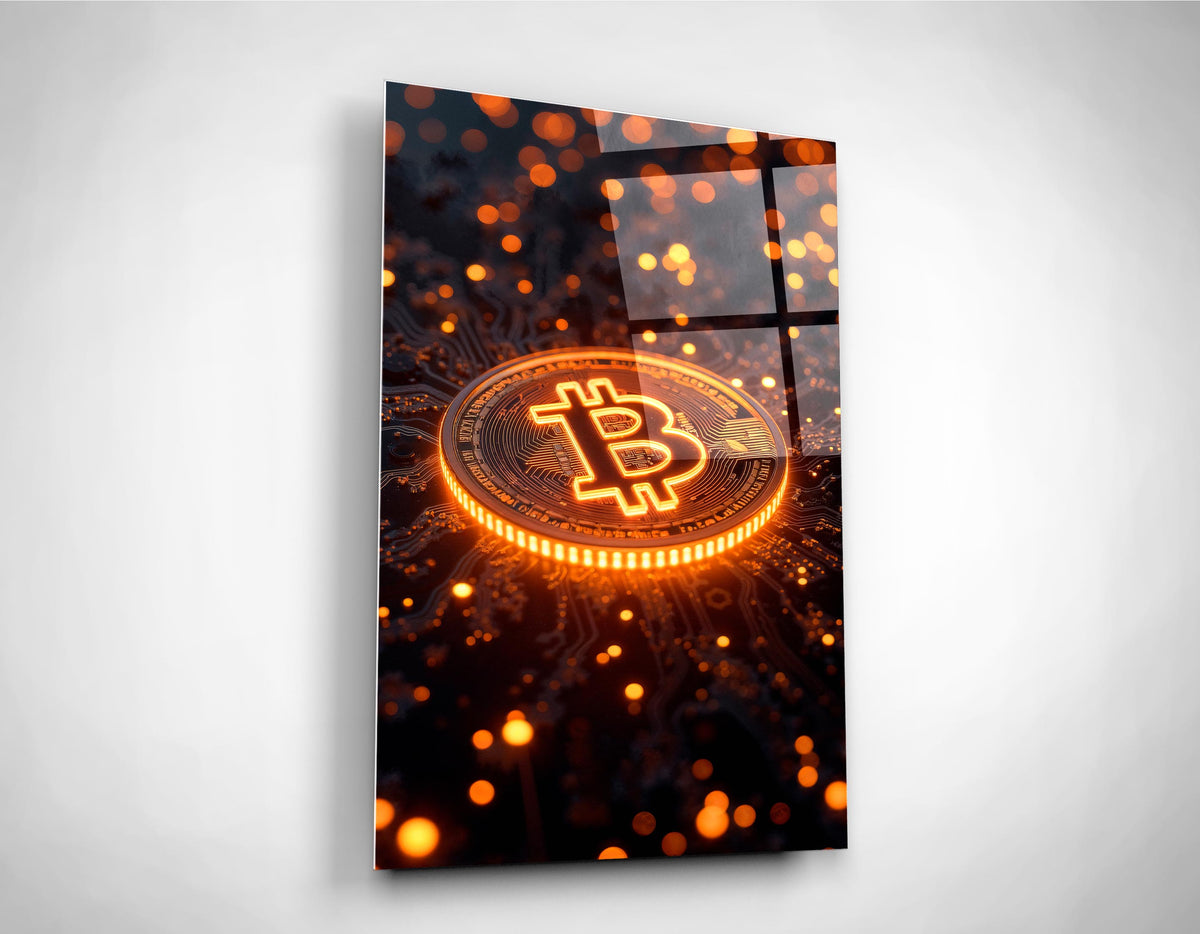 Orange Glowing Bitcoin Coin Glass Wall Art close-up