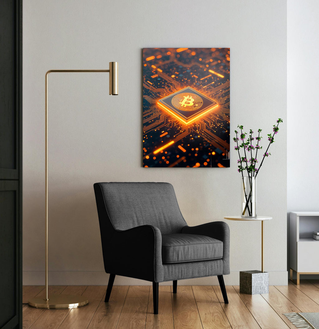Glowing Orange Bitcoin Processor Glass Wall Art in a living room interior