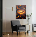 Glowing Orange Bitcoin Processor Glass Wall Art in a living room interior