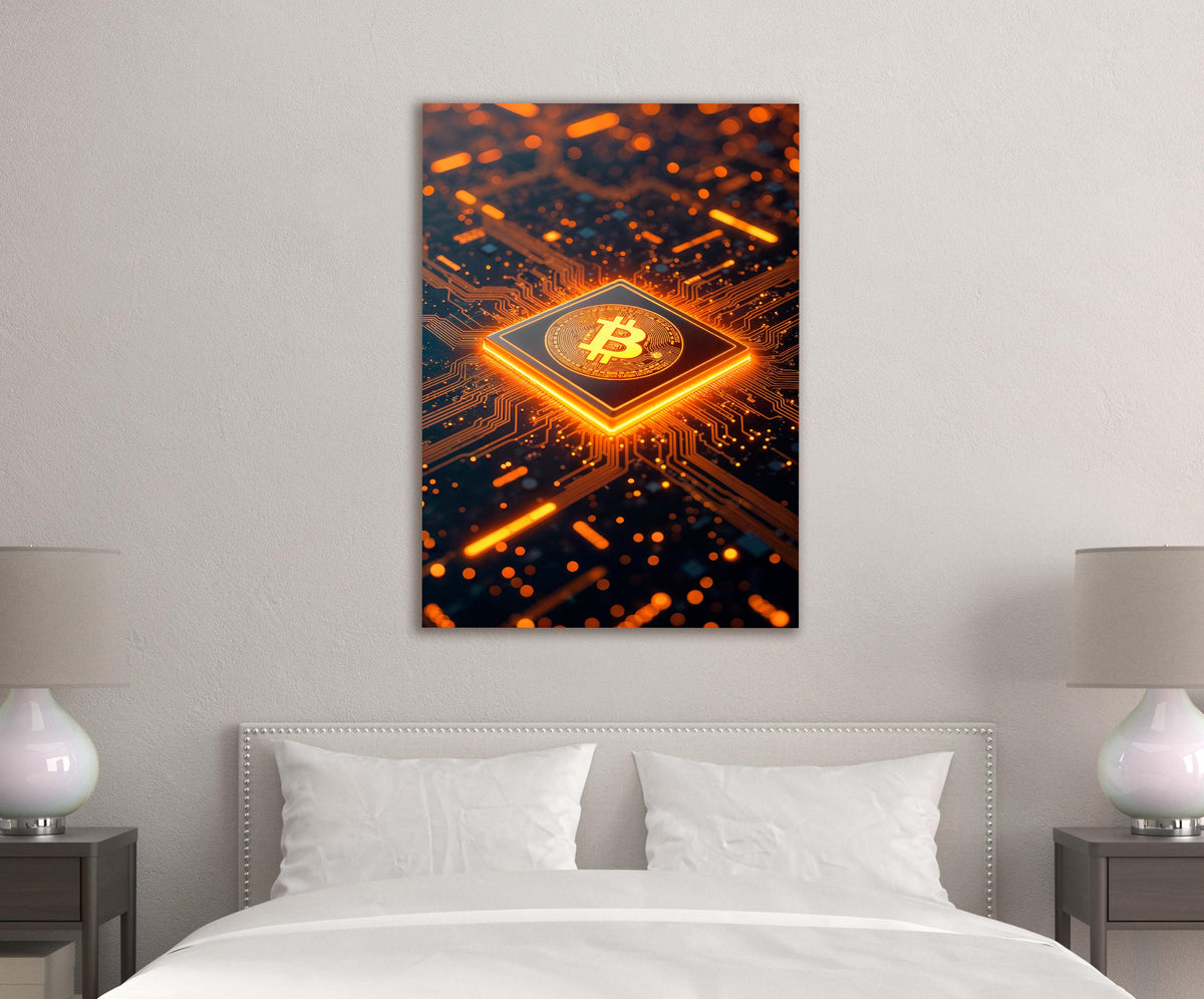 Glowing Orange Bitcoin Processor Glass Wall Art in a modern interior