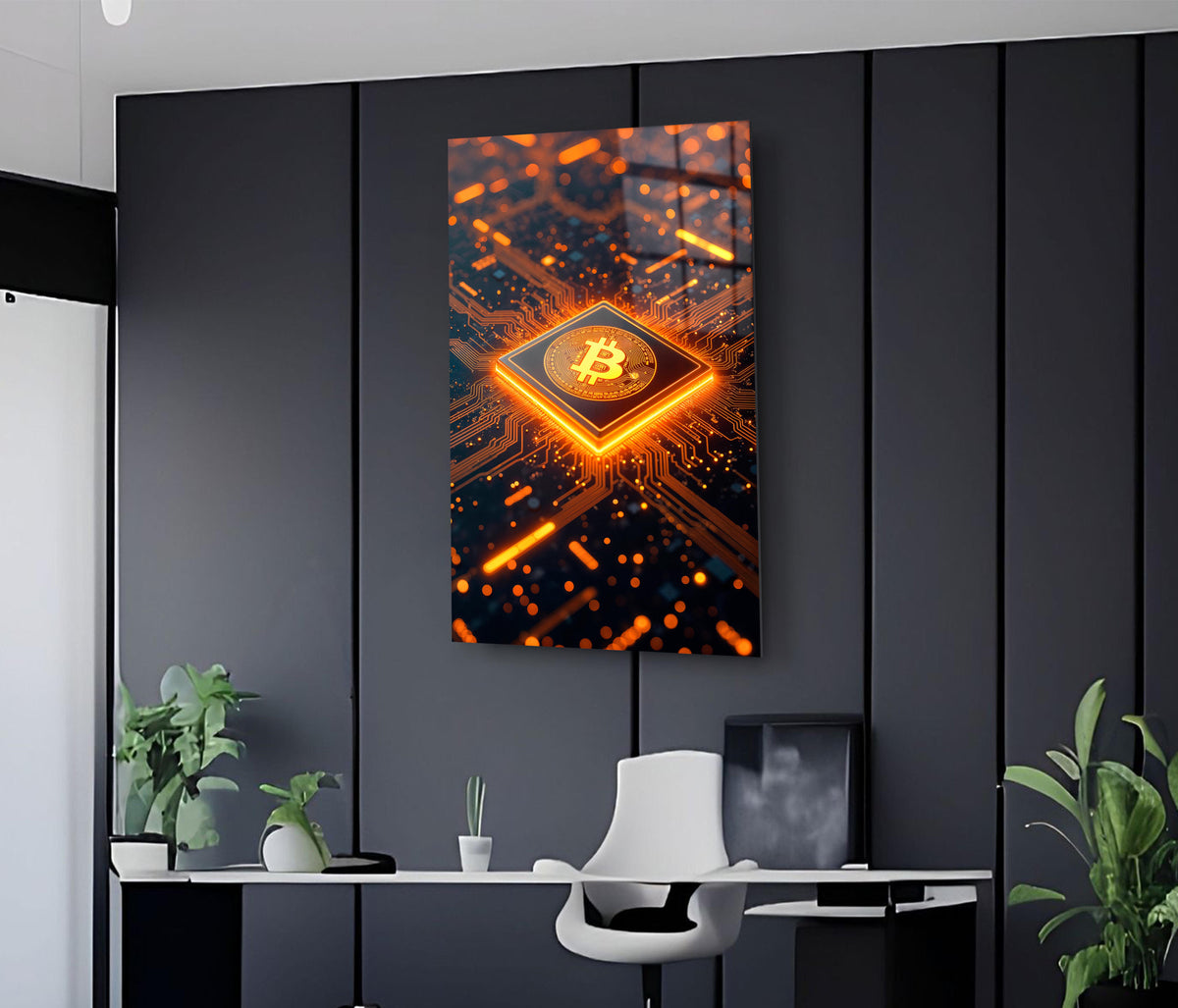Glowing Orange Bitcoin Processor Glass Wall Art on the wall