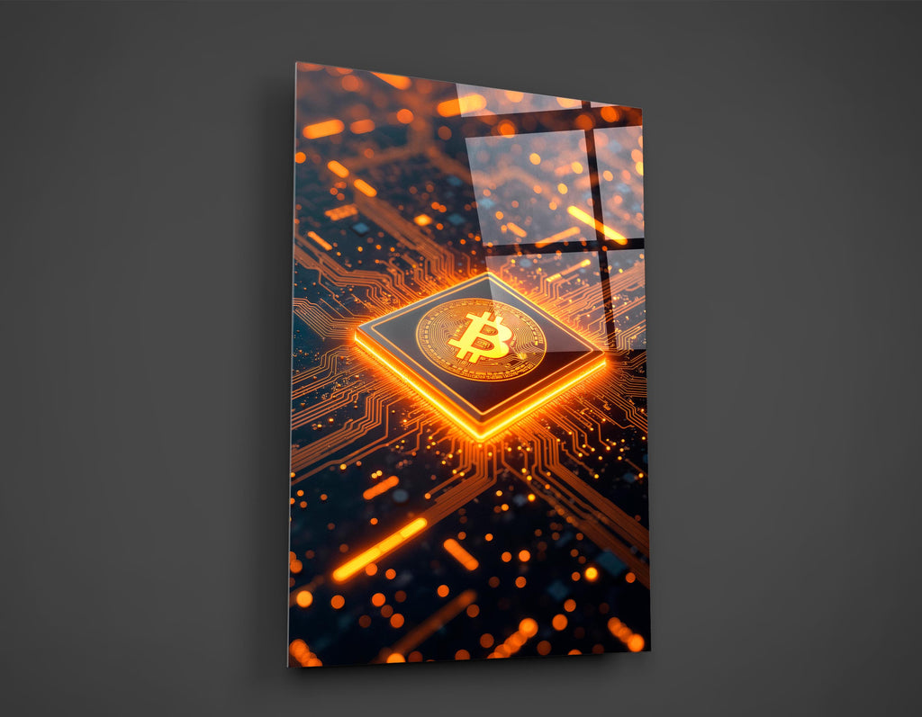 Glowing Orange Bitcoin Processor Glass Wall Art close-up