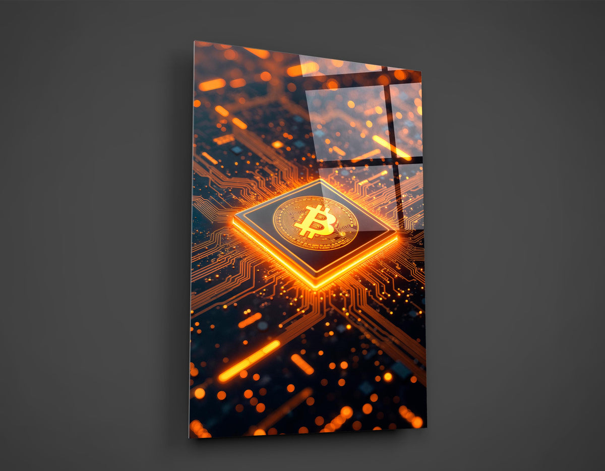 Glowing Orange Bitcoin Processor Glass Wall Art close-up