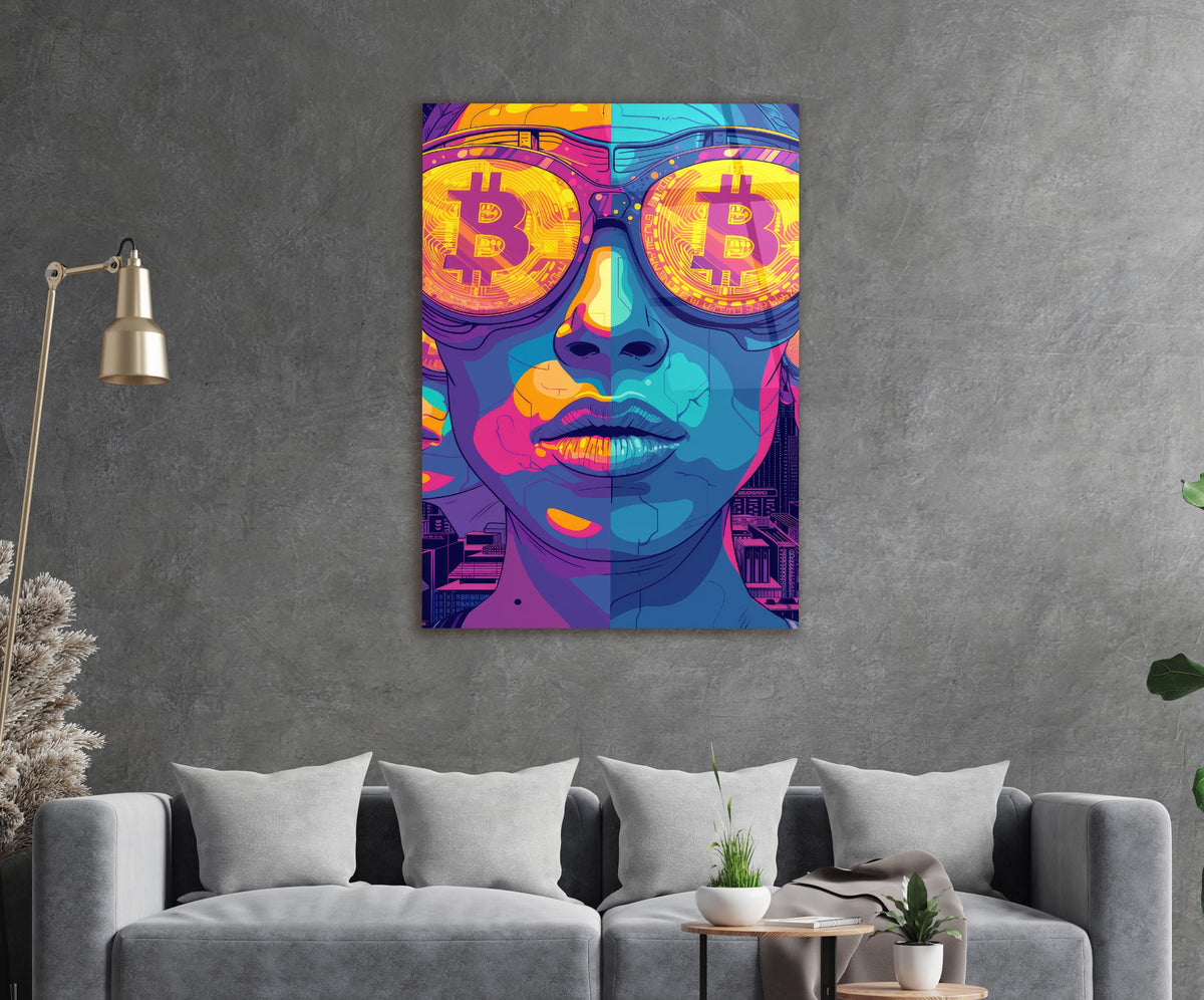 Pop Art Woman With Bitcoin Glasses Glass Wall Art in a living room interior