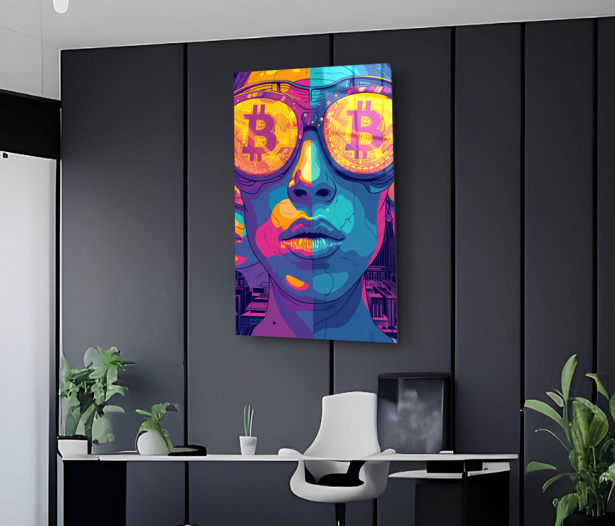 Pop Art Woman With Bitcoin Glasses Glass Wall Art in a modern interior