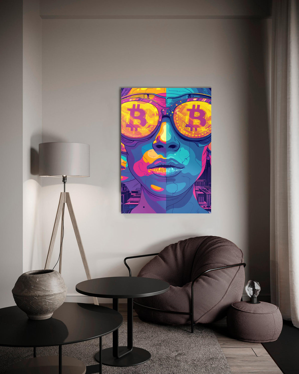 Pop Art Woman With Bitcoin Glasses Glass Wall Art on the wall