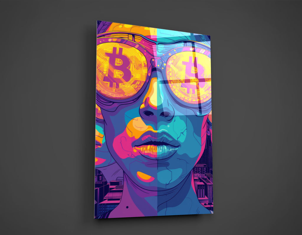 Pop Art Woman With Bitcoin Glasses Glass Wall Art close-up
