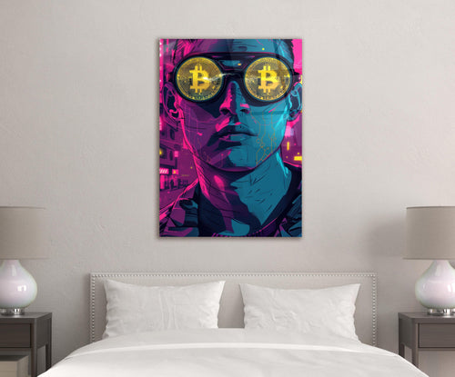 Bitcoin Glasses Neon Portrait Glass Wall Art in a living room interior