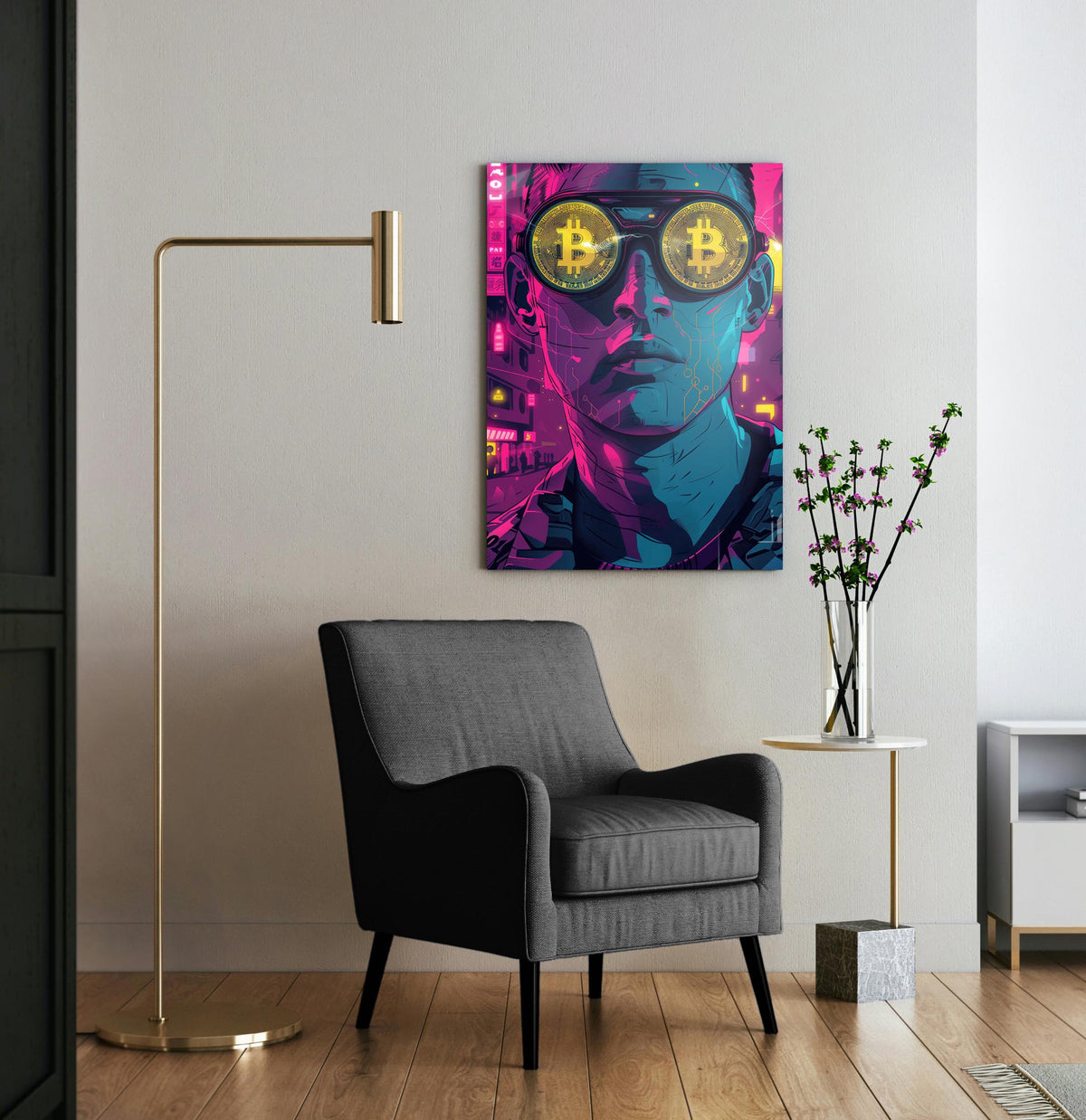 Bitcoin Glasses Neon Portrait Glass Wall Art in a modern interior