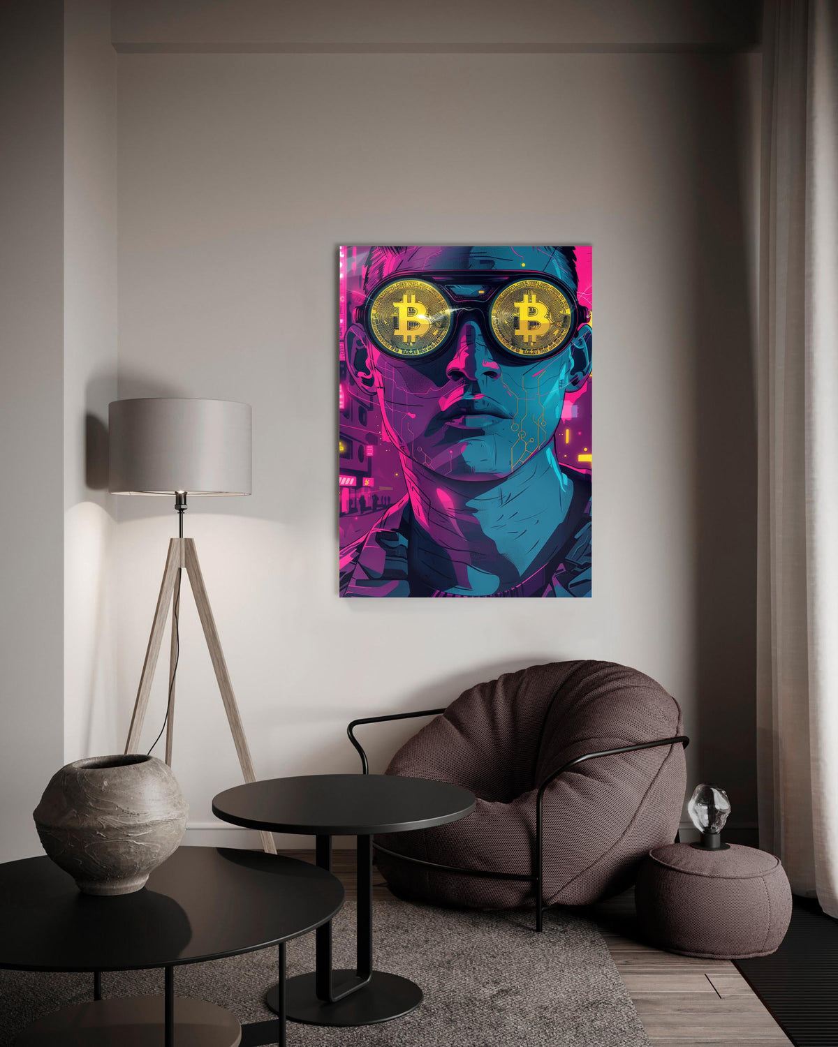 Bitcoin Glasses Neon Portrait Glass Wall Art on the wall
