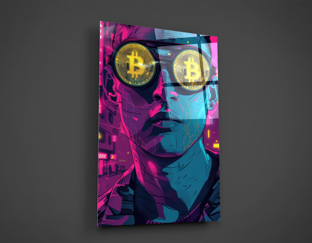 Bitcoin Glasses Neon Portrait Glass Wall Art close-up