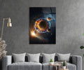 Glowing Solar System Orbits Glass Wall Art in a living room interior