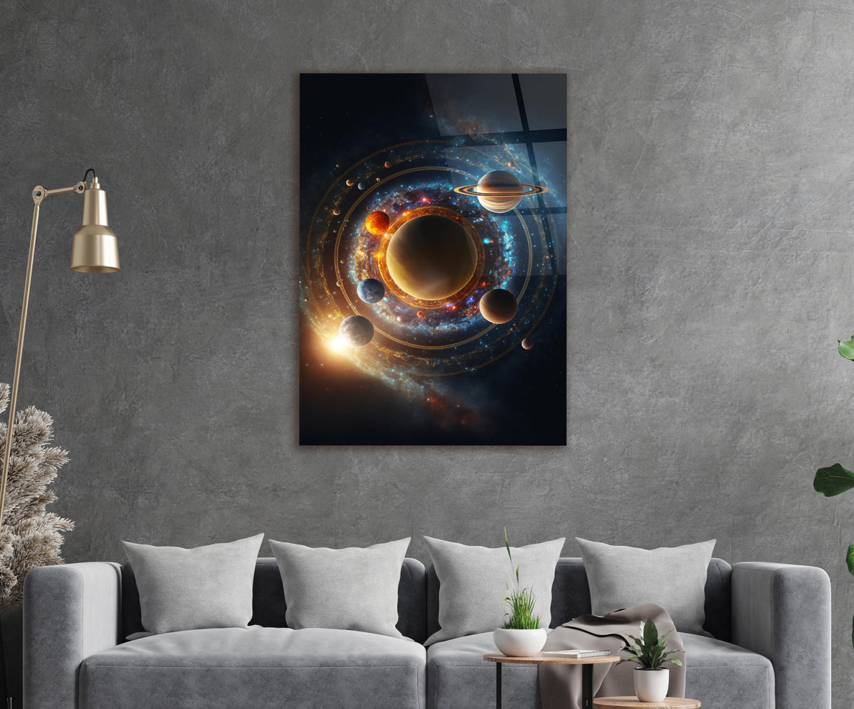 Glowing Solar System Orbits Glass Wall Art in a living room interior