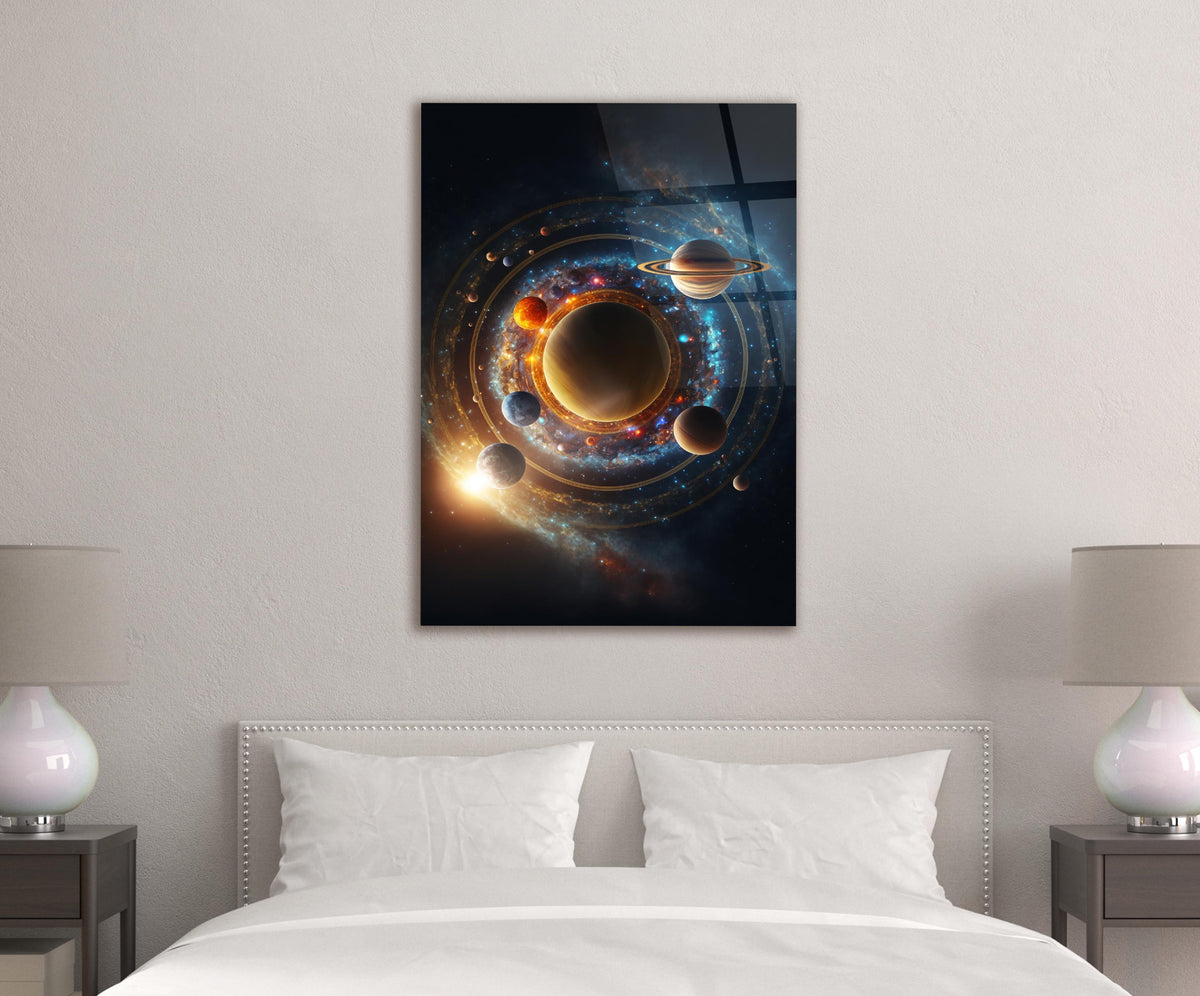 Glowing Solar System Orbits Glass Wall Art in a modern interior