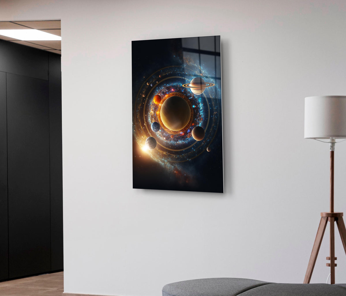 Glowing Solar System Orbits Glass Wall Art on the wall