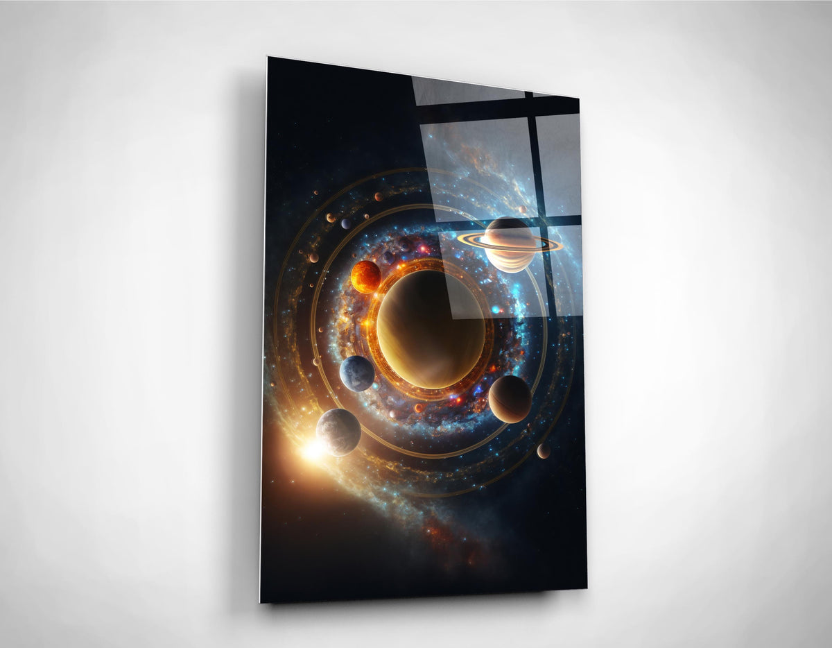 Glowing Solar System Orbits Glass Wall Art close-up