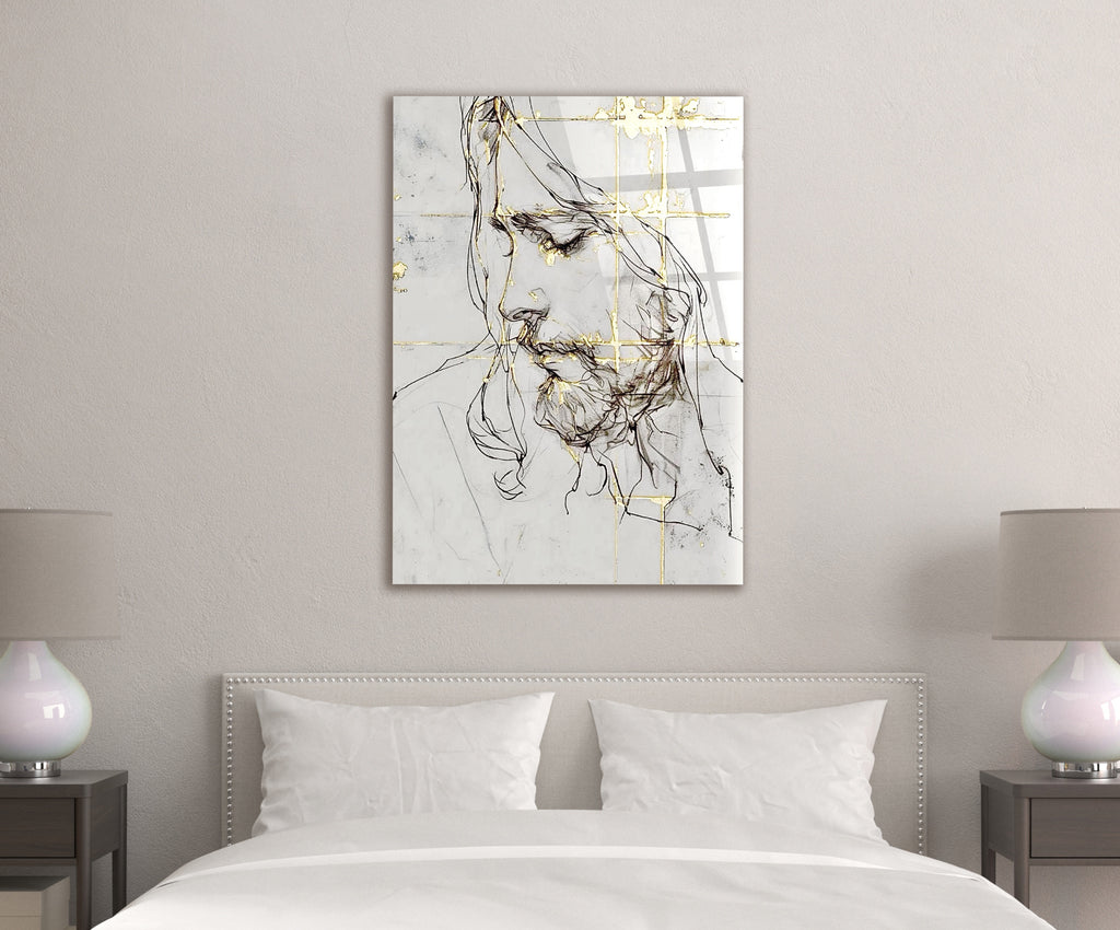 Jesus Line Sketch with Gold Accents Glass Wall Art in a living room interior